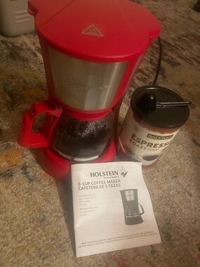 Red 5-Cup Coffee Maker - Compact Drip Brewer ground coffee included.